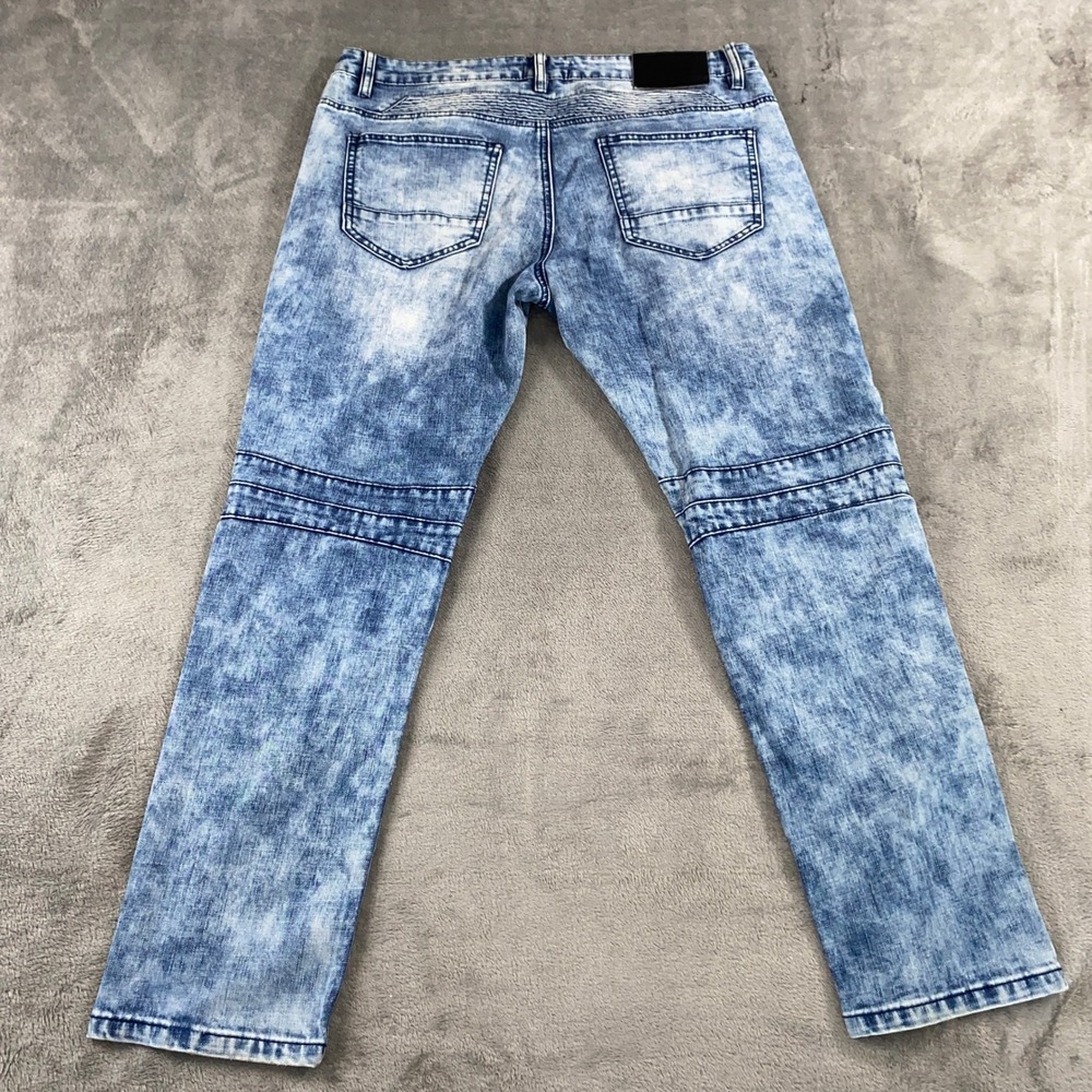 Smoke Rise Moto Jeans Mens 36 Blue Acid Wash Distressed Biker Cargo Slim Pants - Picture 2 of 11